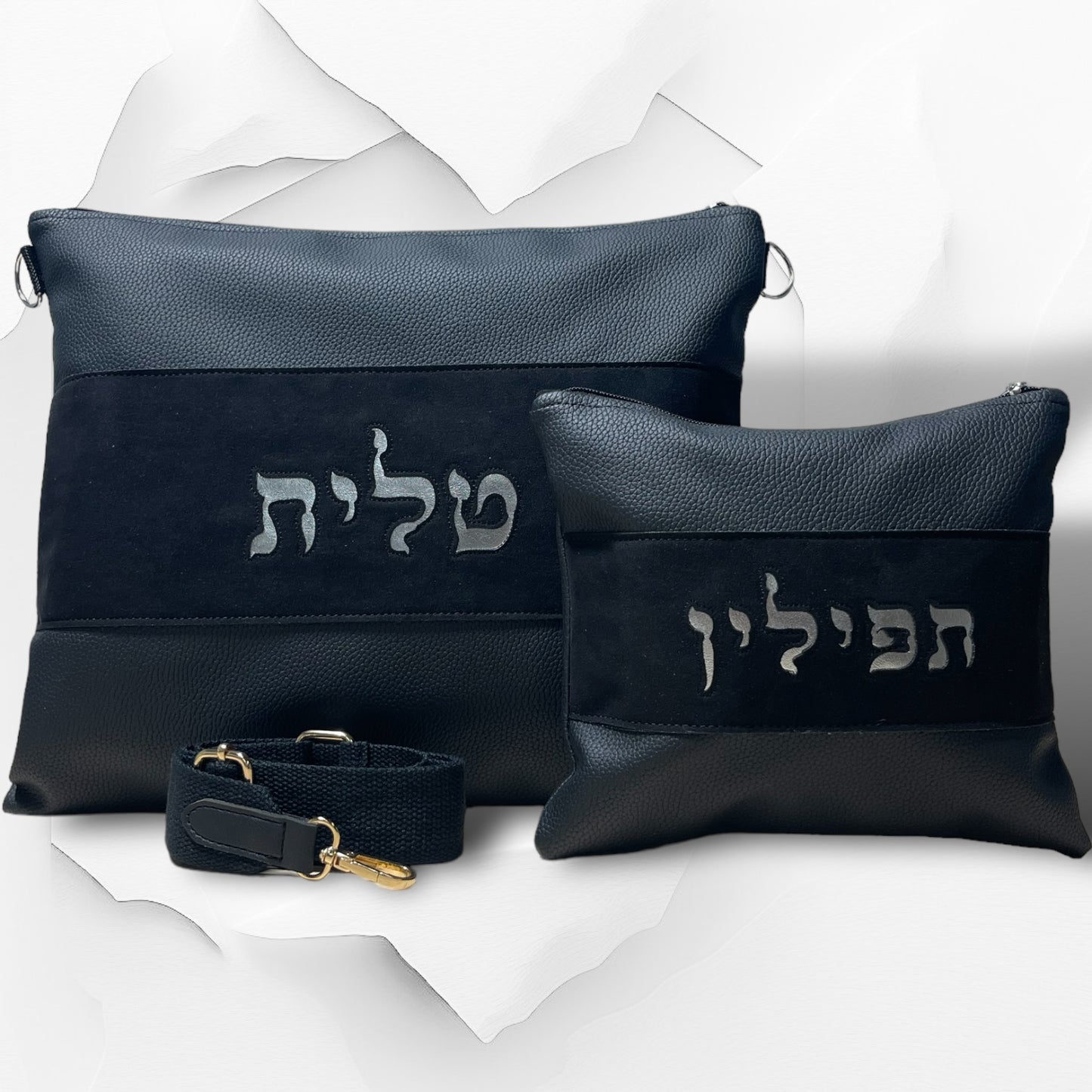 Fancy vinyl and suede talit and tefilin bags with adjustable strap