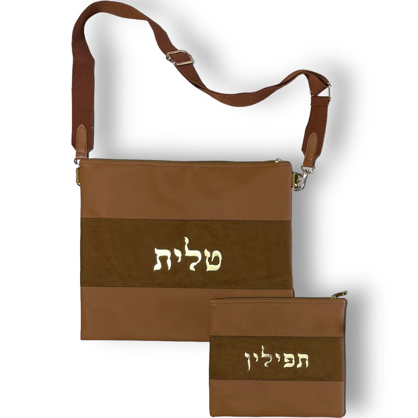 Fancy vinyl and suede talit and tefilin bags with adjustable strap