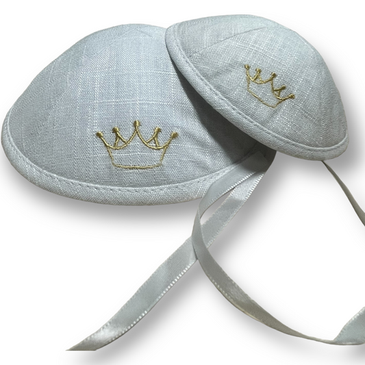 Father and baby boy matching Crown linen kippah for Brit Milah