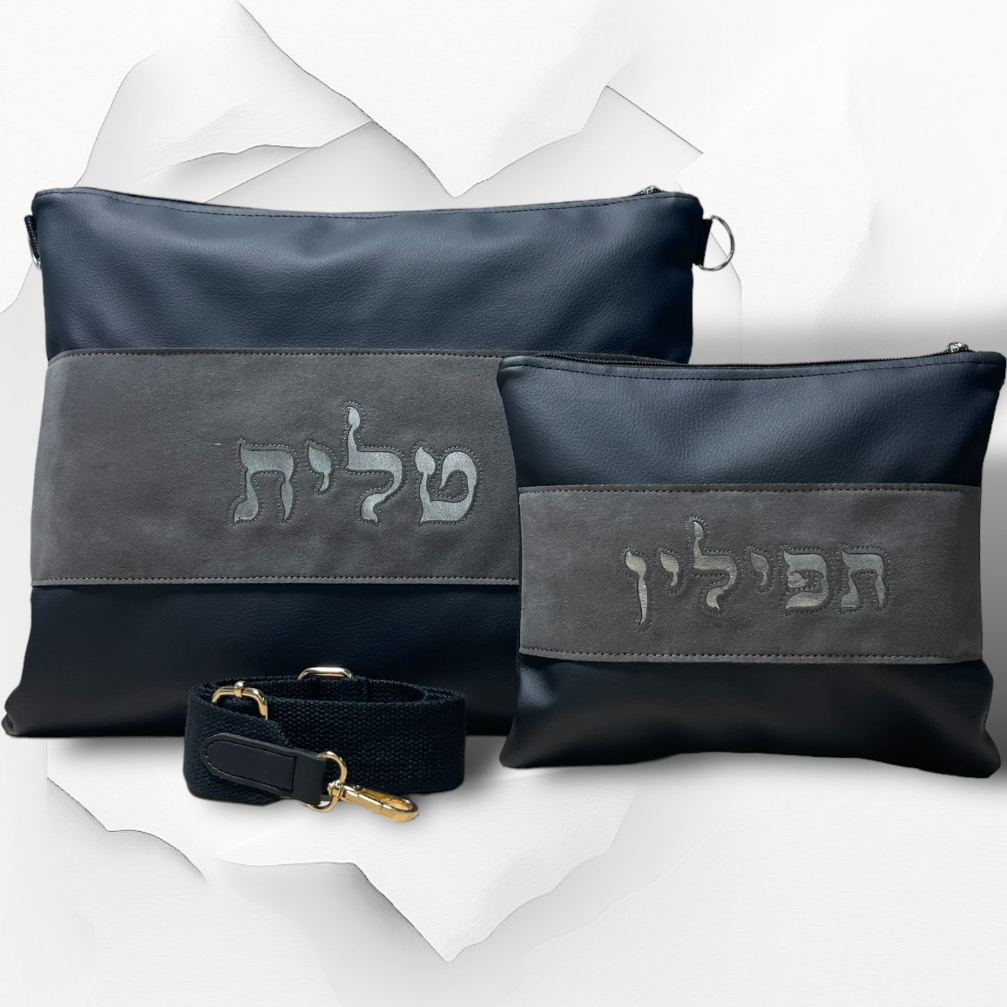 Fancy vinyl and suede talit and tefilin bags with adjustable strap